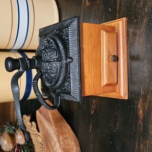 Antique Manual Coffee Grinder - Black Cast Iron Top with Brown Wooden Base